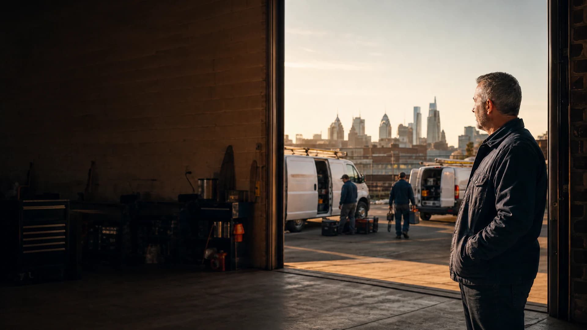 Trades business owner looking across his workshop toward the Philadelphia skyline